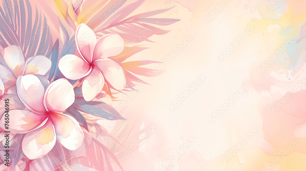 Watercolor illustration background with beautiful tropical spa flower Frangipani Plumeria over light pink backdrop. Copy space. Spa, wellness, relaxation concept.