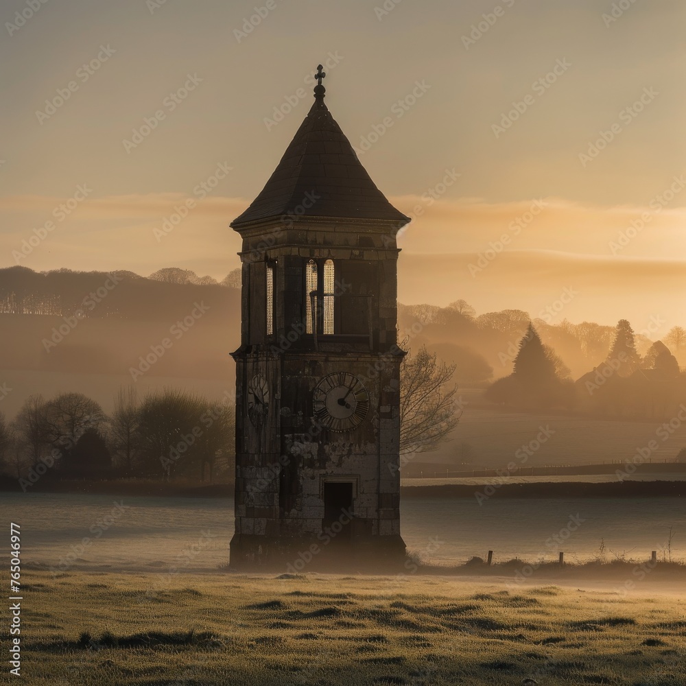An image capturing the rustic beauty of an old clock tower amidst a mist-covered landscape bathed in the soft light of dawn