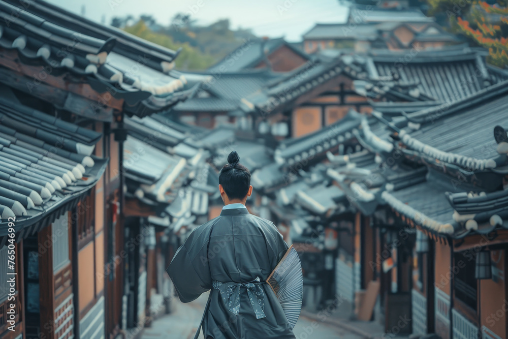A man wearing a kimono walks down a narrow street in front of a row of houses