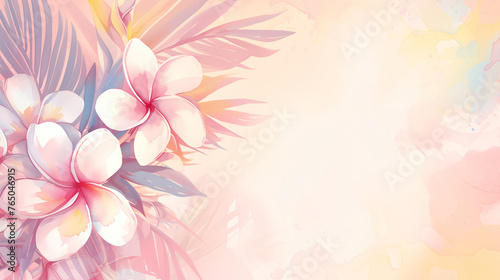 Watercolor illustration background with beautiful tropical spa flower Frangipani Plumeria over light pink backdrop. Copy space. Spa, wellness, relaxation concept. © Caelestiss
