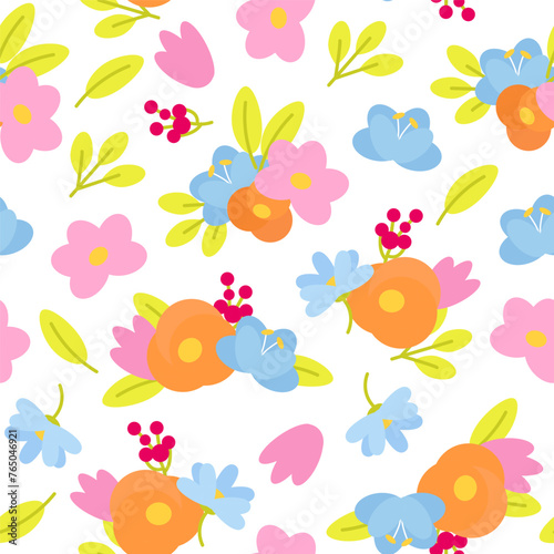 Seamless pattern of spring flowers and leaves