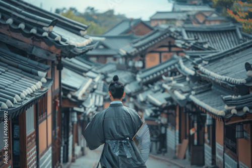 A man wearing a kimono walks down a narrow street in front of a row of houses