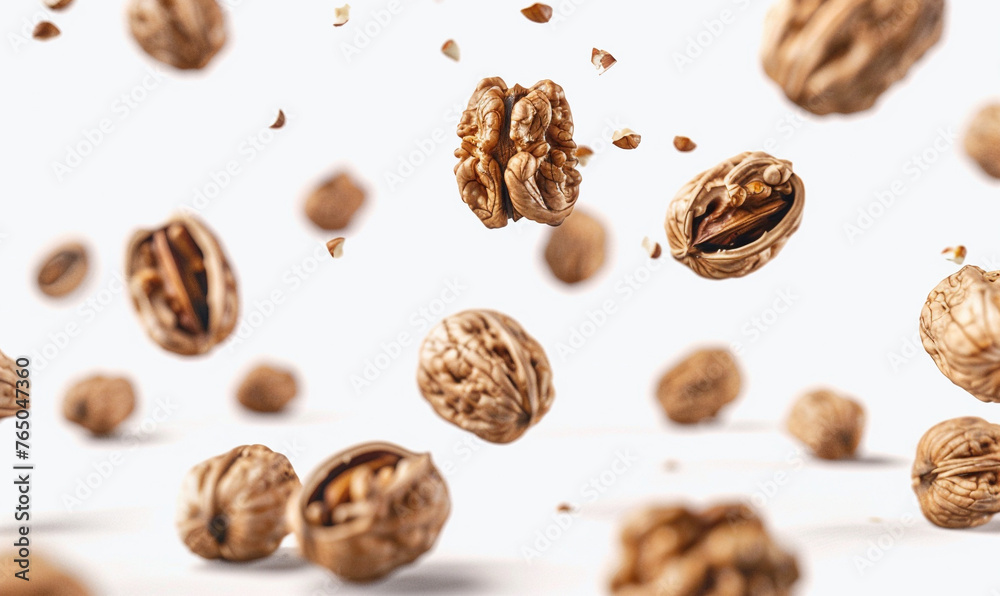 walnuts floating in the air on the white background. walnuts floating in the air on the white background.