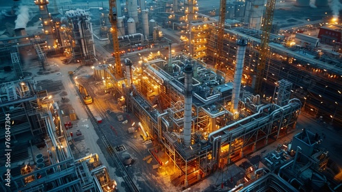 Aerial View of Oil Refinery at Night