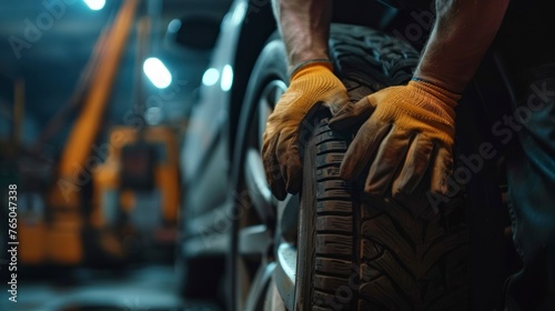 man with gloves removing a car tire from a workshop in high resolution and quality