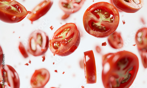 sliced tomatoes floating in the air on the white background. © Lucianastudio