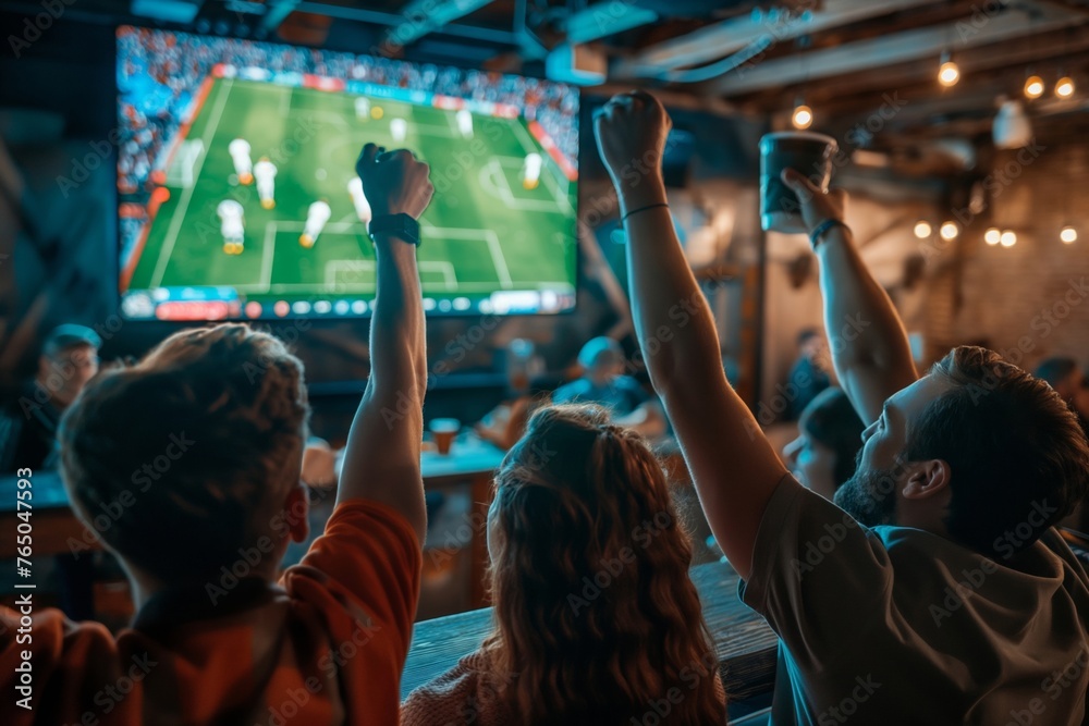 Friends raise their fists in unison, absorbed in the nail-biting excitement of a sports game on the big screen in a warm, rustic bar setting.