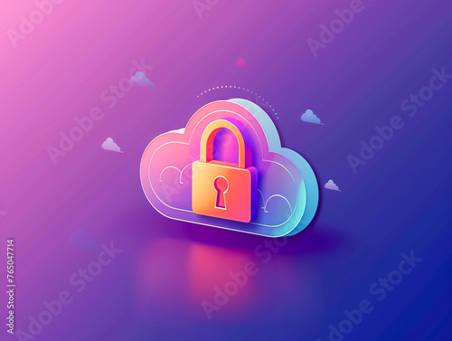 Vibrant cloud with a neon lock, symbolizing secure cloud computing.