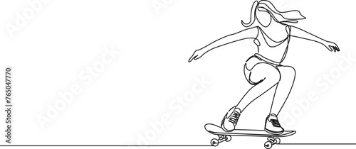 continuous single line drawing of young woman on skateboard, line art vector illustration