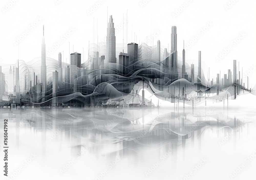 Obraz premium Technological Background: Lights, Beams, Code, Line Charts, and More