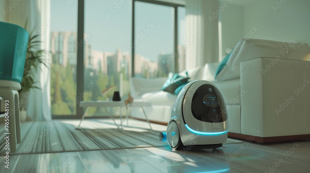 futuristic robot maid with a sleek white and blue design, cleaning the floor futuristic robot maid with a sleek white and blue design, cleaning the floor