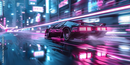 A retro s car travels through a futuristic cyberpunk city in a synthwave style with AI features. Concept Retro Car, Futuristic City, Cyberpunk Aesthetics, Synthwave Style