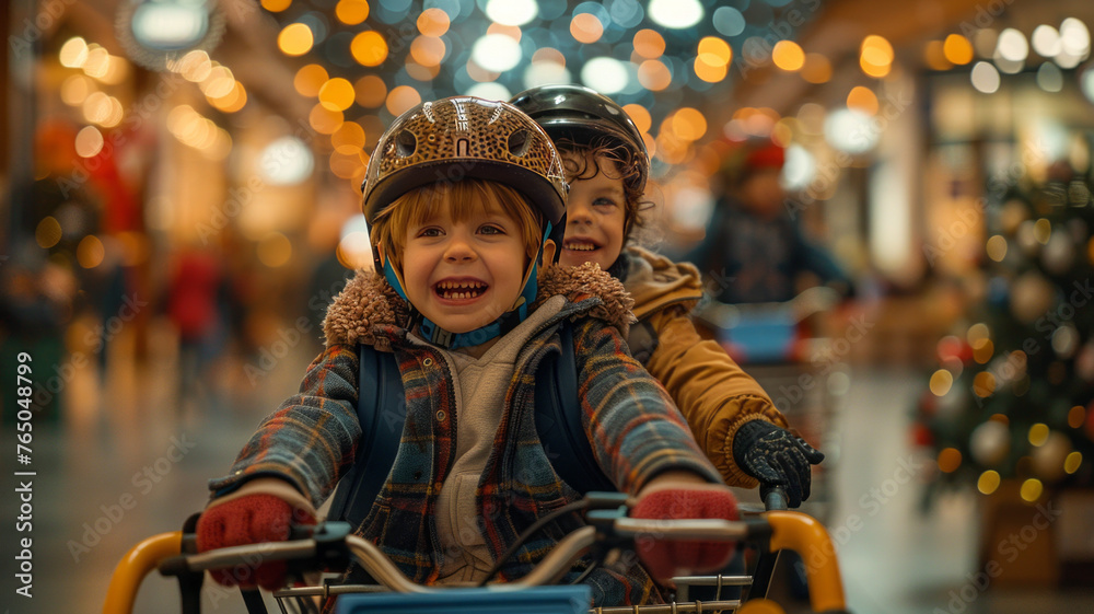 Joyful kids in mall cart, lit with natural elegance.generative ai