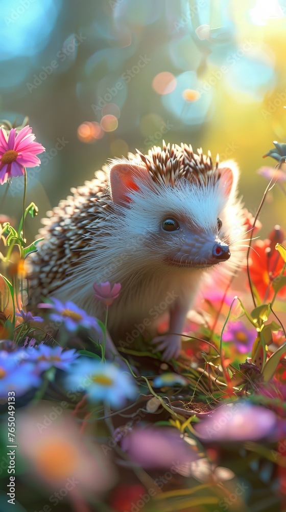 A playful, cute fairy tale hedgehog in a realistic, beautiful, clean HD garden, exploring colorful, magical plants A playful, cute fairy tale hedgehog in a realistic, beautiful, clean HD garden, exploring colorful, magical plants