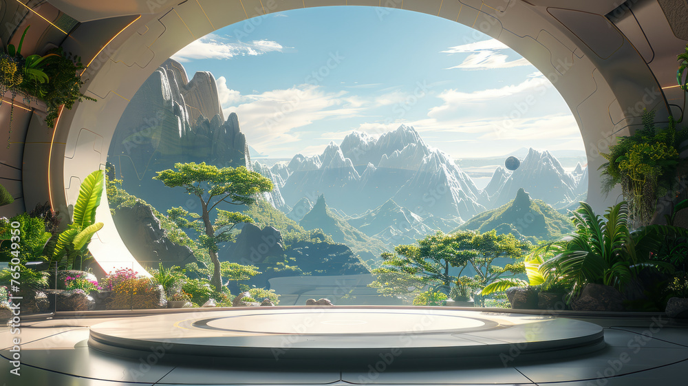 Fototapeta premium Futurisitic empty stage overlooking amazing view,generative ai