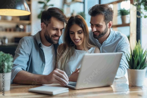 Happy caucasian couple sitting with a business broker or insurance agent showing project on a laptop screen. Clients having consultation with a man realtor or financial advisor at office,Generative A