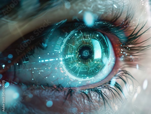 Eye with a nano-tech contact lens, designed for enhanced vision and digital connectivity. Biometric eye scan and network. Concept healthcare technology. AI