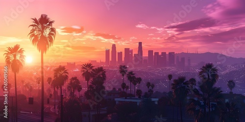 3D rendering of Los Angeles skyline at sunrise with palm trees creating an urban paradise. Concept Cityscape, Los Angeles, Sunrise, 3D Rendering, Urban Paradise photo