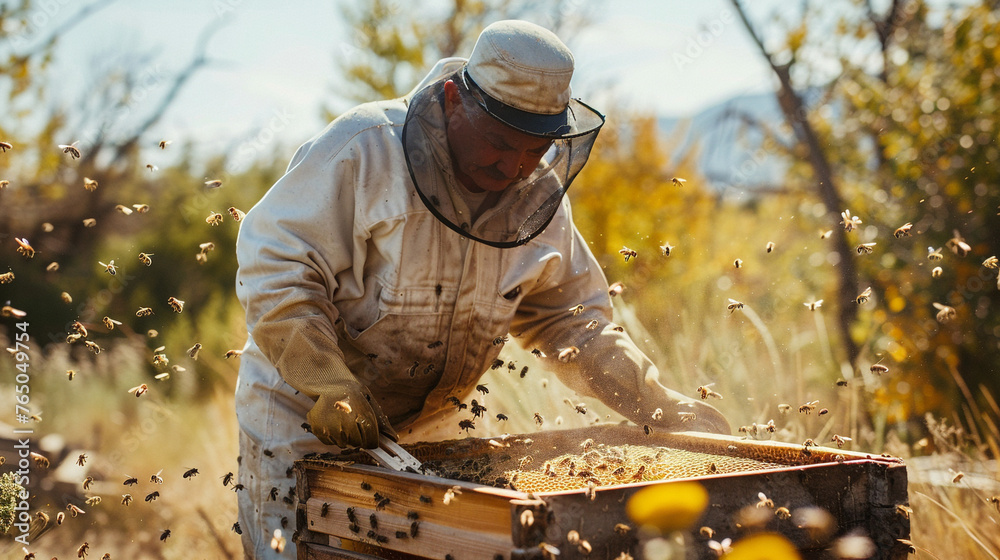 beekeeper harvesting honey.