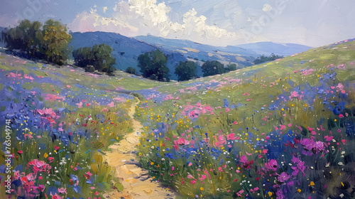 Spring meadow, painting seasonal background, generative ai