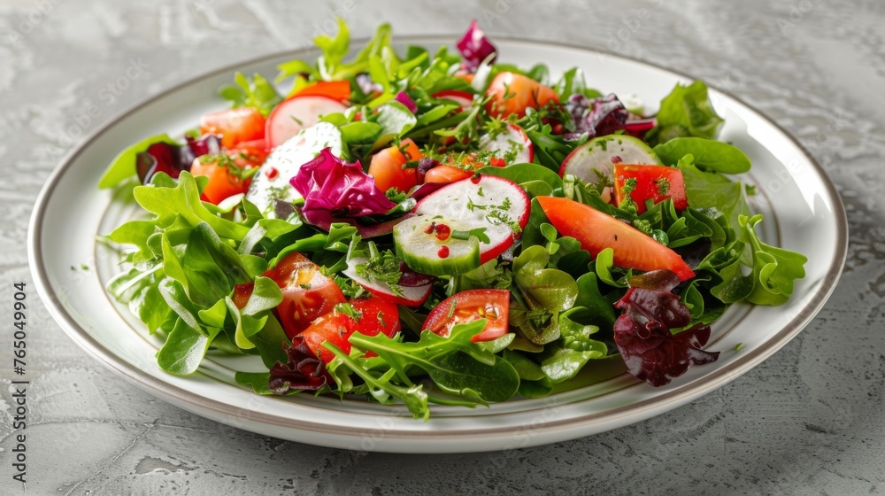 Fresh Garden Salad With Lettuce and Radishes on White Plate