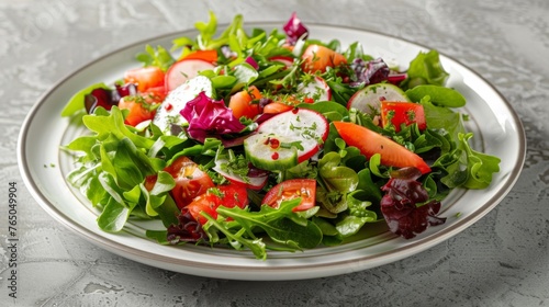 Fresh Garden Salad With Lettuce and Radishes on White Plate