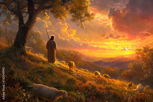 Jesus Christ standing in a meadow at sunset, a lamb hoisted on his shoulders photo