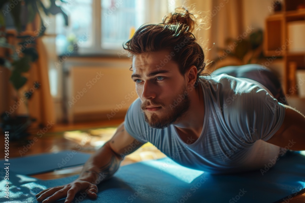 Naklejka premium Portrait of a young attractive sporty man doing push-up or plank sport exercises lying on yoga mat on the floor in the living room at home. Fitness, workout and home training, Generative AI