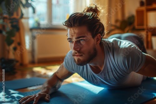 Portrait of a young attractive sporty man doing push-up or plank sport exercises lying on yoga mat on the floor in the living room at home. Fitness, workout and home training, Generative AI photo