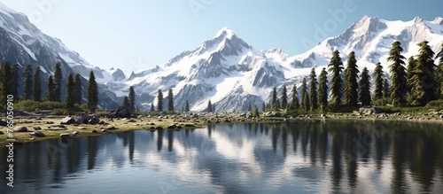 A beautiful mountain landscape with a lake in the foreground photo