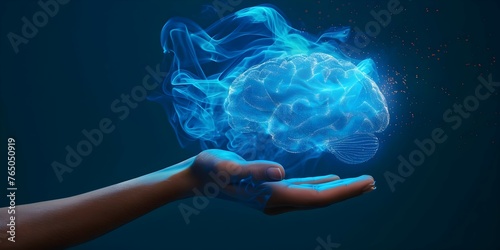 "Symbolic Representation of Technology, Science, and Digital Medicine: Abstract Hand Holding Glowing Blue Brain". Concept Technology, Science, Digital Medicine, Abstract Art, Brain Symbolism