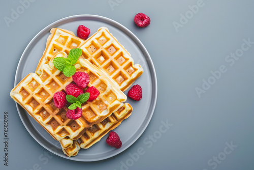 Freshly baked golden belgian waffles decorated with raspberries and mint leaves on a grey background. Copy space. Top view.