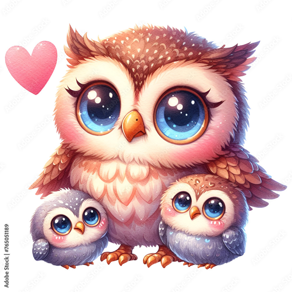 Fototapeta premium Watercolor Mother and Baby Owl Clipart, Mother's Day Clipart Mom and Baby PNG, Cute Woodland Owl Graphics For sublimation scrapbook
