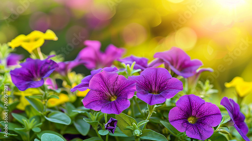 Flowerbed with beautiful purple and yellow petunia in the rays of the setting sun.