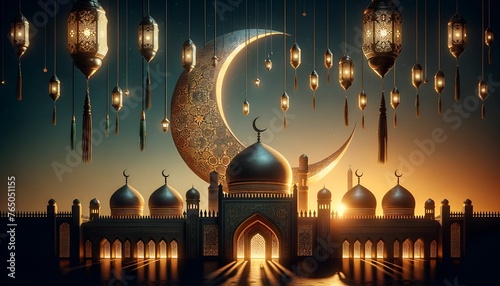 Eid mubarak background illustration with mosque and lanterns at night.