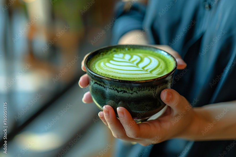 Woman's hands holding mug with fresh green matcha latte. Woman's hands holding mug with fresh green matcha latte.