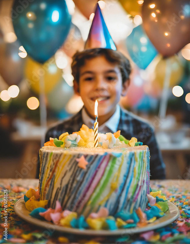 Foco no primeiro plano com um lindo bolo decorado com uma vela em cima, uma criança e muitos balões coloridos  desfocados ao fundo. photo