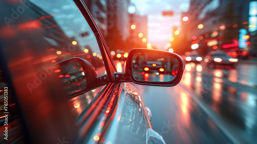 cars moving in the rear-view mirror, street view, dynamic,generative ai