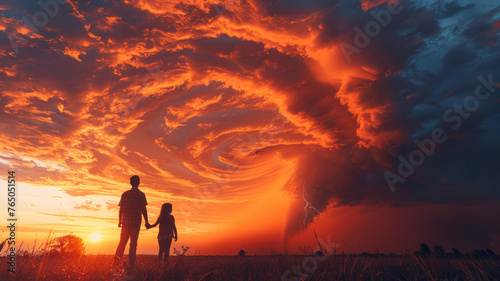 boy and girl hand in hand watch a giant tornado swirling in the valley.generative ai © JKLoma