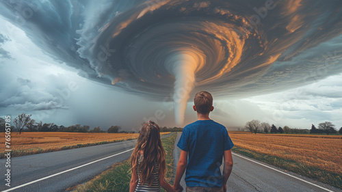 boy and girl hand in hand watch a giant tornado swirling in the valley.generative ai