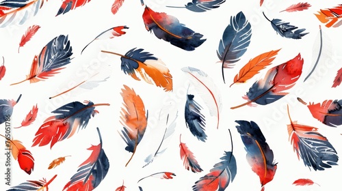 Intricate Red and Black Feathers Pattern on White Background