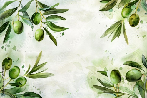 Artistic interpretation of ripe olives and swirling leaves in a watercolor style on a blank white canvas. 