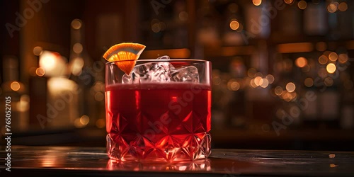A glass of Negroni Sbagliato liqueur with ice cubes on a bar counter 4K Video photo