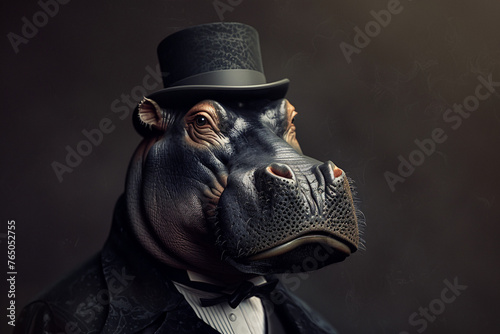 a dark and brooding designer hippo, dressed in a top hat and tie, is captured in this image. the photographically detailed portraitures showcase the animalier style, using photo-realistic 