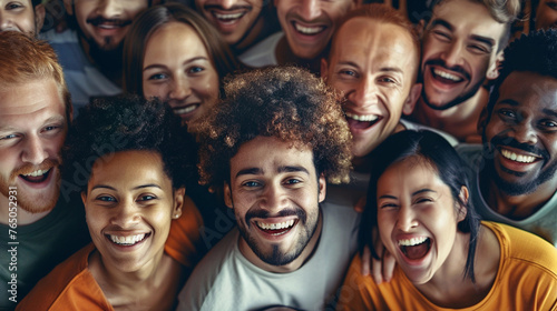 Photograph of a diverse group of joyful individuals from various racial backgrounds.     © Abderrahman