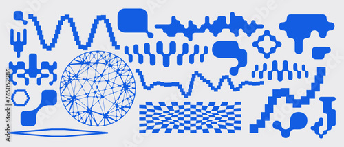 Simple abstract shape set geometric blue pixel art bitmap. Ideal for web design, app design, poster, clothes, retro aesthetic composition
