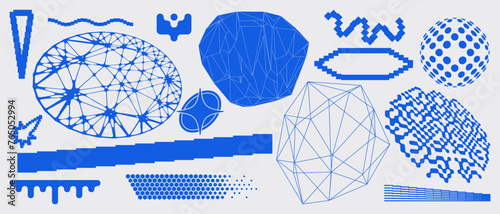 Simple abstract shape set geometric blue pixel art bitmap. Ideal for web design, app design, poster, clothes, retro aesthetic composition