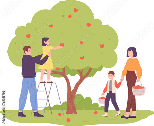 Family harvesting apples from fruit tree garden. Farm scene