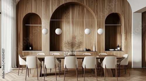 A modern dining room with an arched wooden wall  featuring sleek lines and natural wood textures for the table  chairs  and walls.