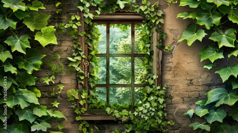 Green Ivy Covered Window Next to Brick Wall Green Ivy Covered Window Next to Brick Wall